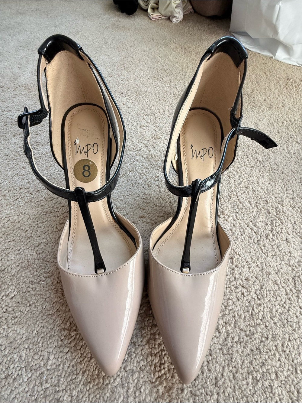 IMPO Two-Tone Pointed T-Strap Pumps in Beige and Black